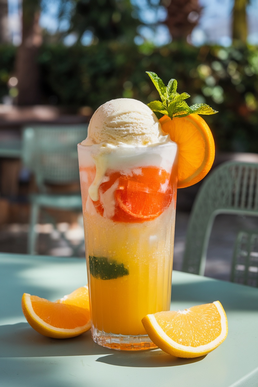 A tall glass of Citrus Burst Float with orange juice, sparkling water, and ice cream, garnished with citrus slices and mint.